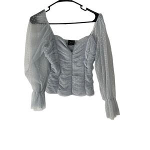 Madi Mase Women's Size Small Light Blue Swiss Dot Lace Puff Sleeves Top‎